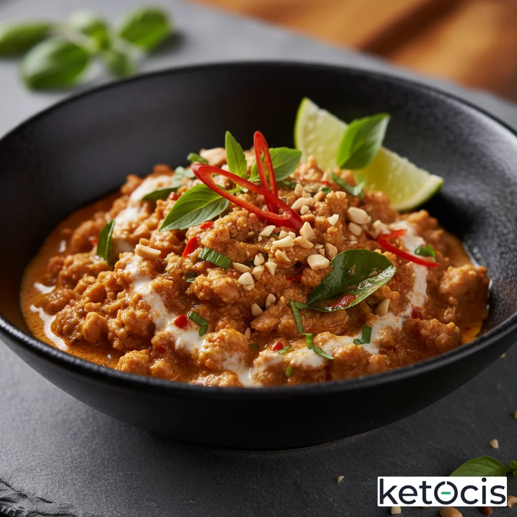 Curry rojo tailandés de pollo picado con leche de coco entera