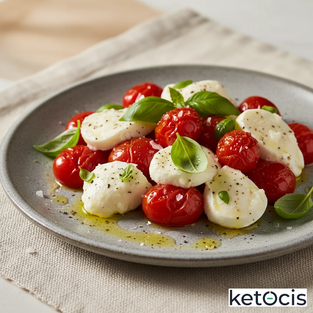 Ensalada caprese keto con tomates asados y mozzarella de búfala