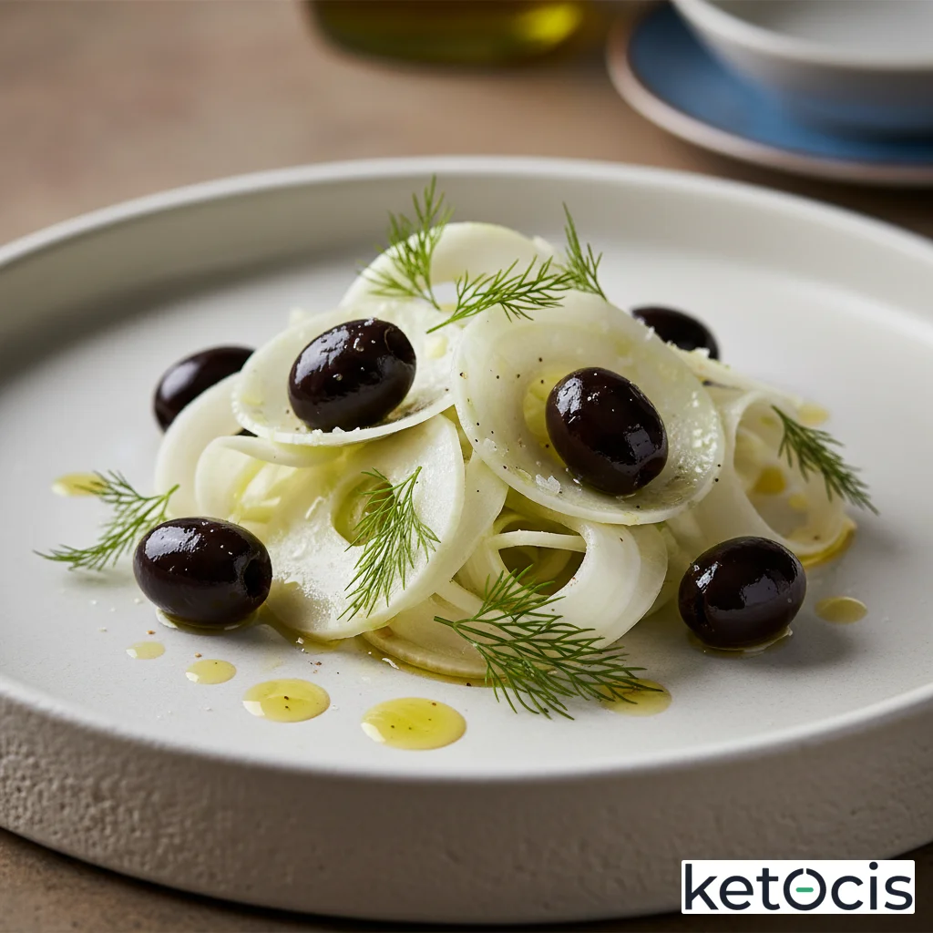 Ensalada de hinojo fresco laminado muy crujiente con aceitunas de aragón