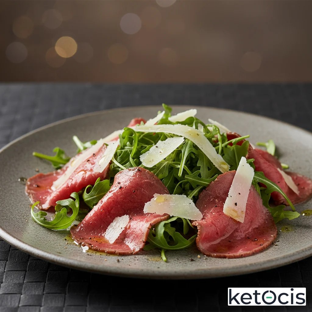 Ensalada de rúcula salvaje con queso pecorino y carpaccio de buey