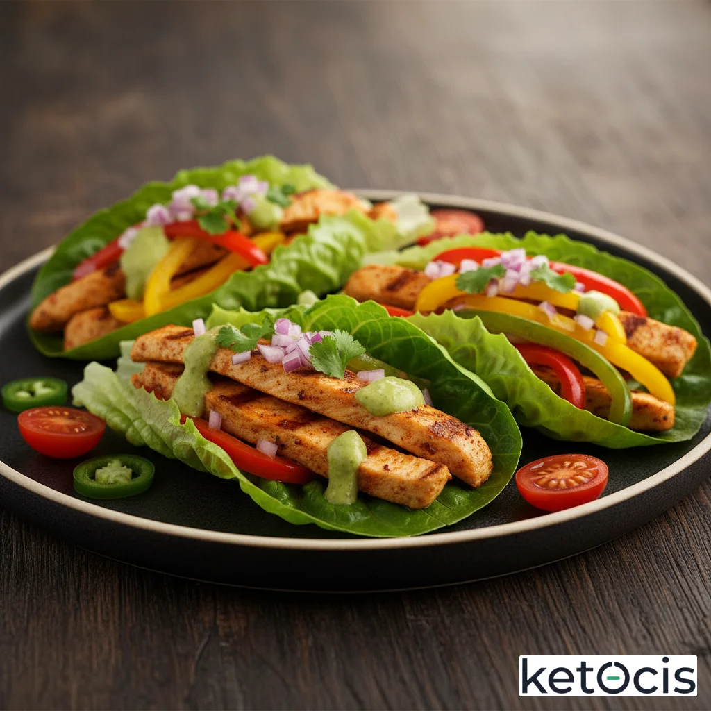 Fajitas cetogénicas de pollo con pimientos servidas en hojas de lechuga