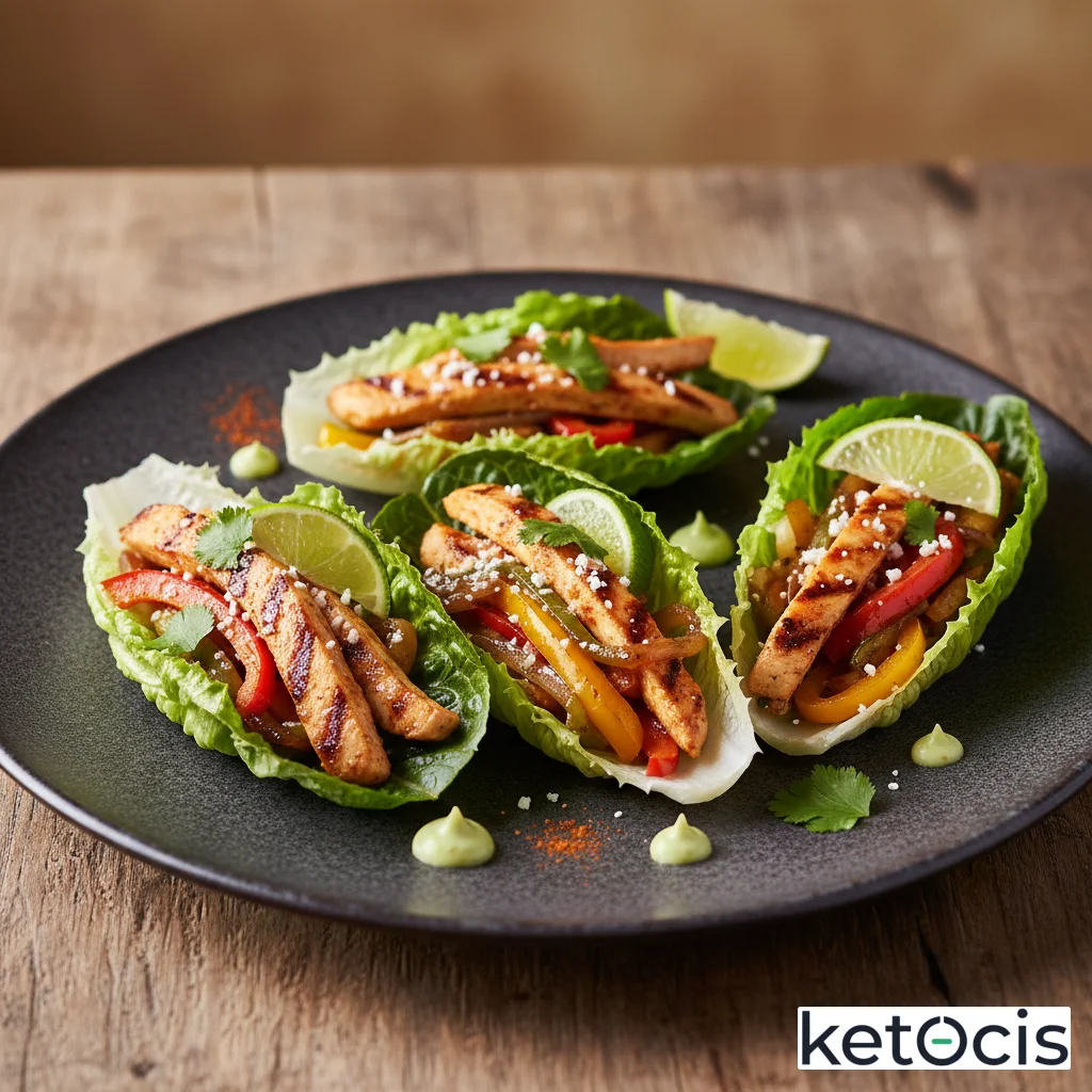 Fajitas de pollo servidas en hojas frescas de cogollos de lechuga