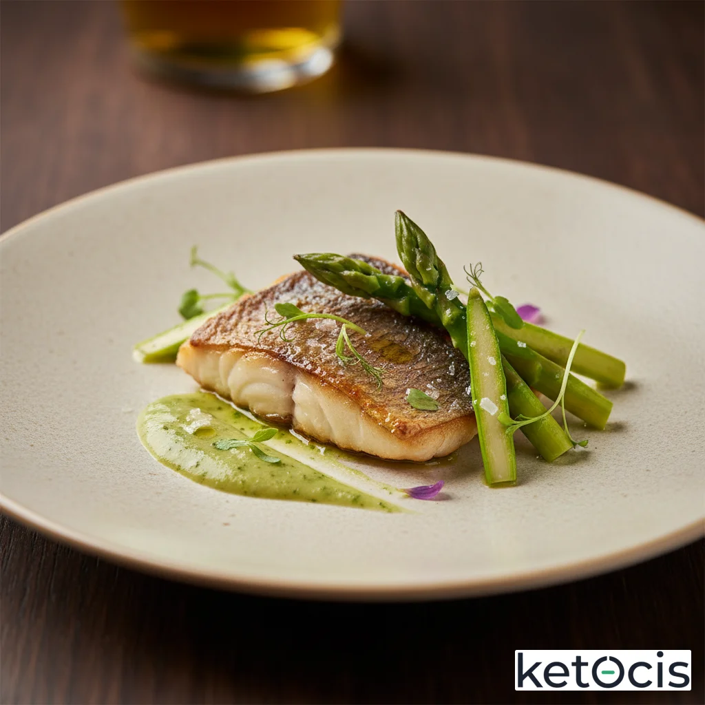 Filete de dorada al horno con espárragos finos y estética de alta cocina