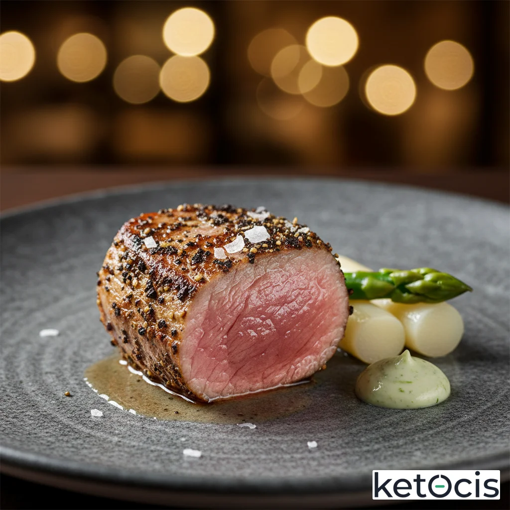 Filete de ternera blanca a la plancha con costra de pimienta negra y sal gruesa