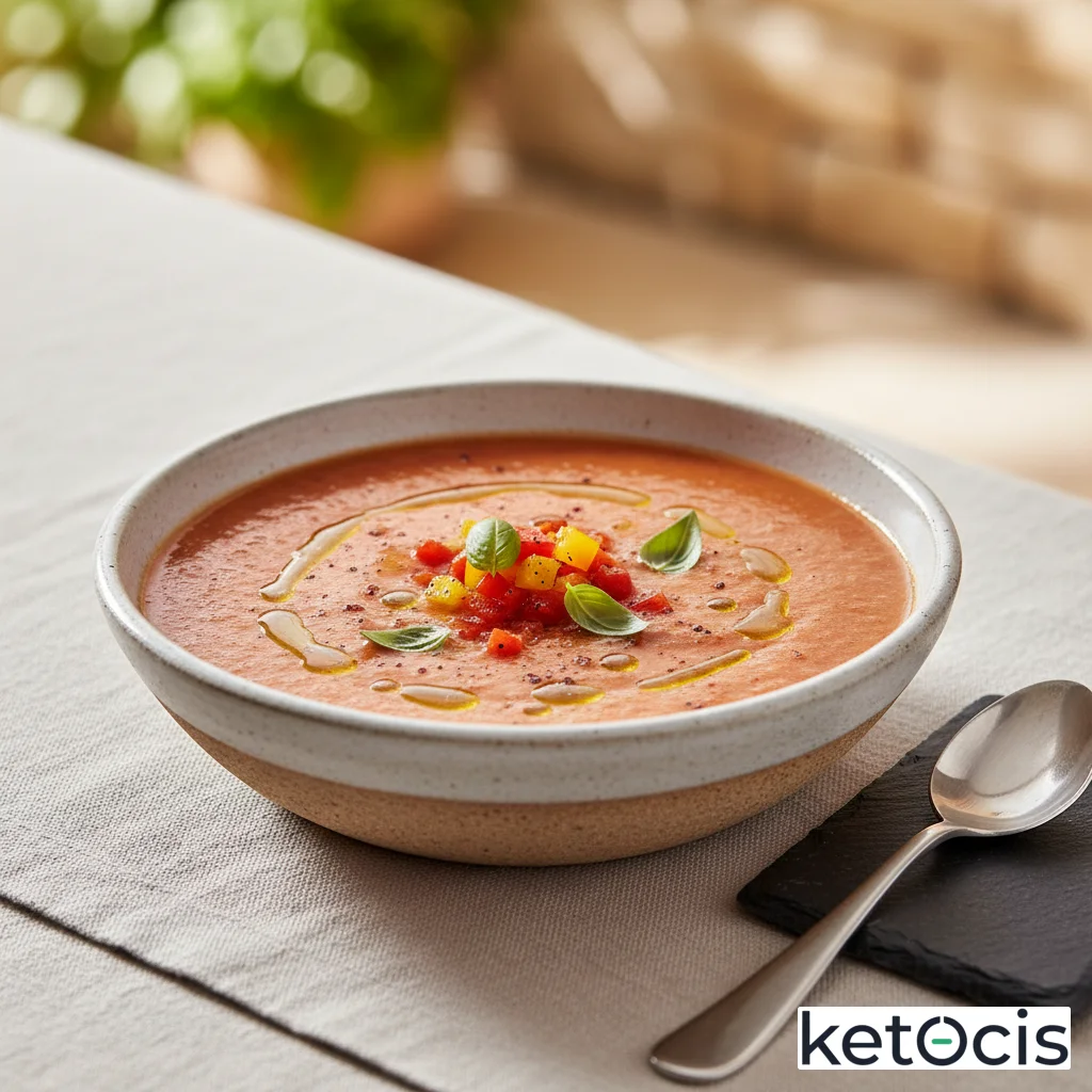 Gazpacho andaluz keto cremoso hecho con tomates asados y aceite virgen