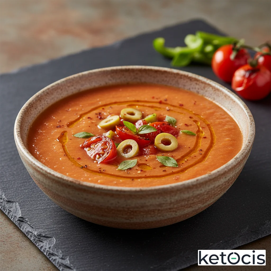 Gazpacho keto sin pan hecho con tomates asados y aceite