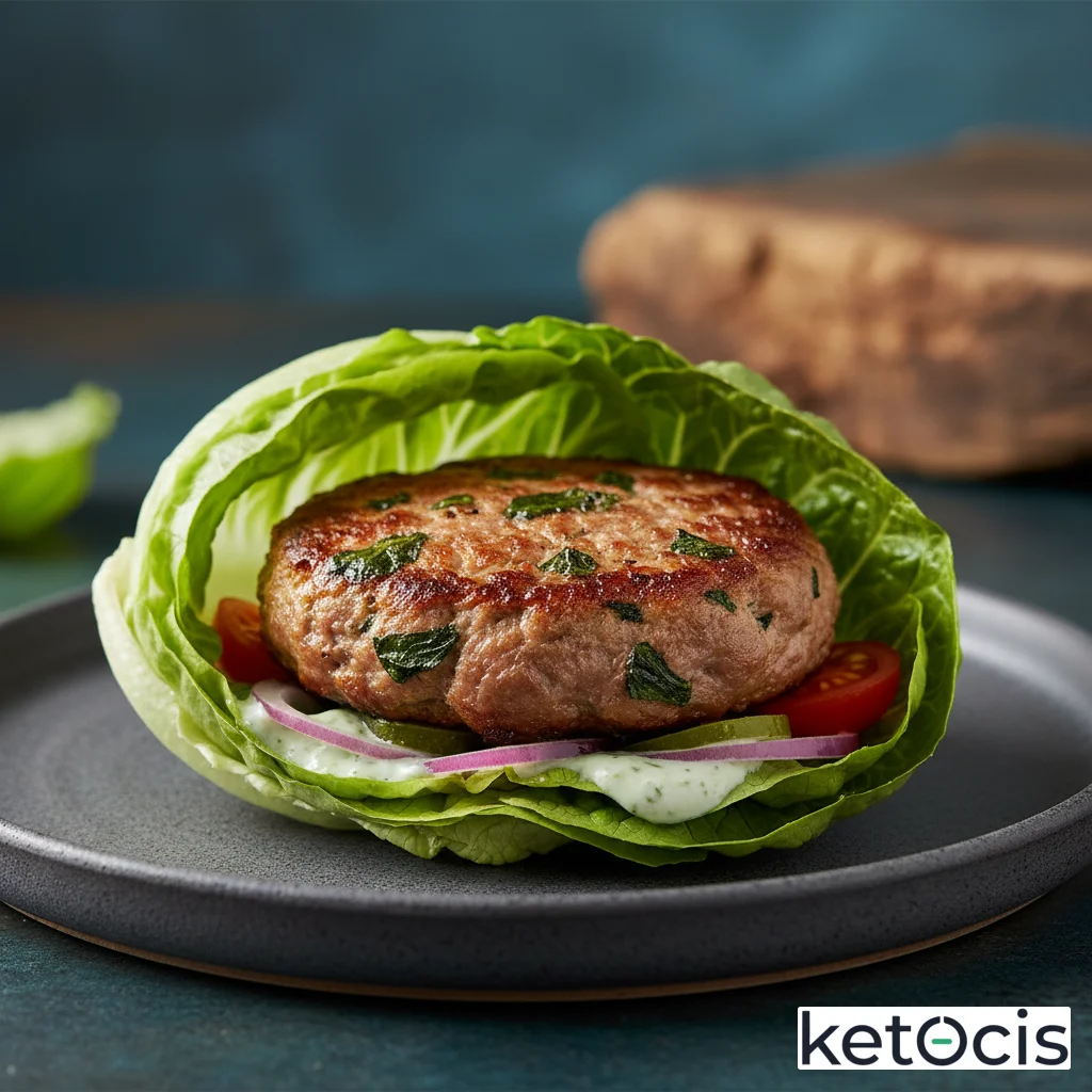 Hamburguesa de cordero picado con menta fresca envuelta en lechuga