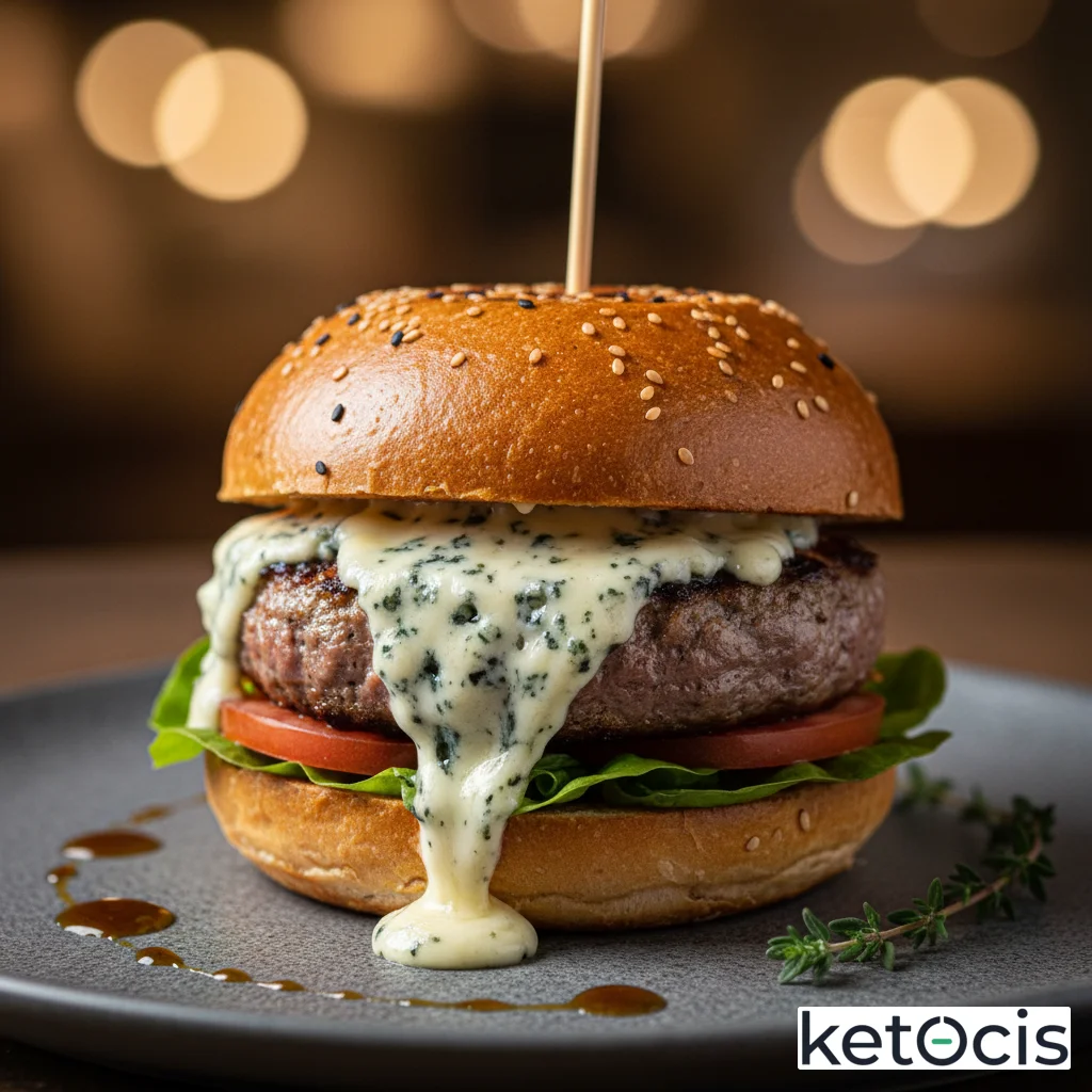 Hamburguesa de vaca rubia cien por cien carne con fundido de queso azul