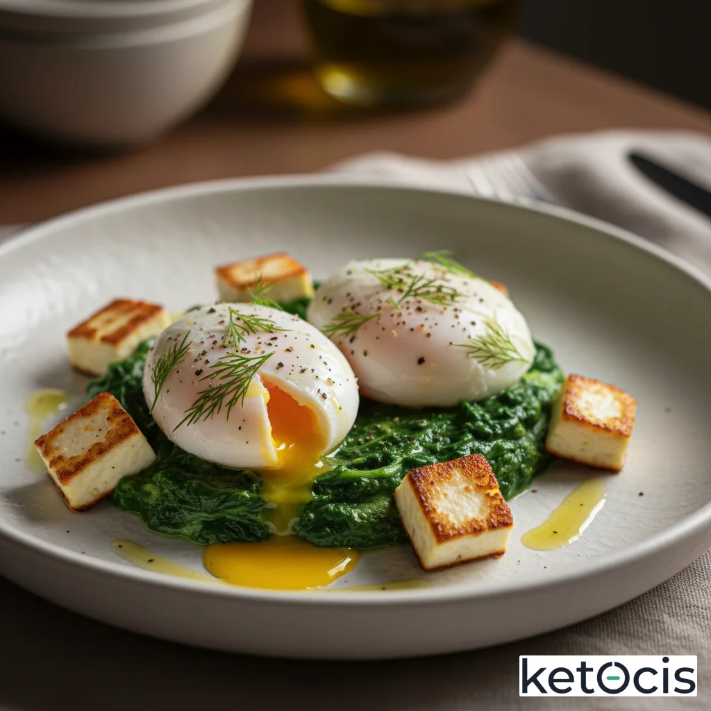 Huevos al plato con espinacas a la crema y dados de queso feta al horno