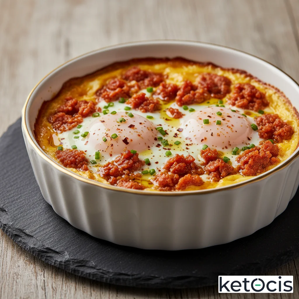 Huevos al plato en cazuela con sobrasada ibérica sin azúcares