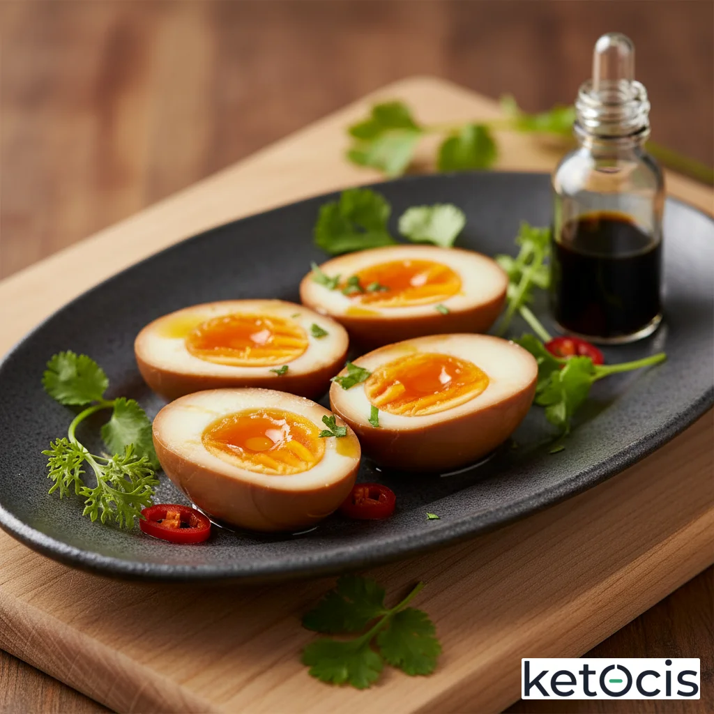 Huevos cocidos duros marinados en salsa tamari y vinagre de sidra