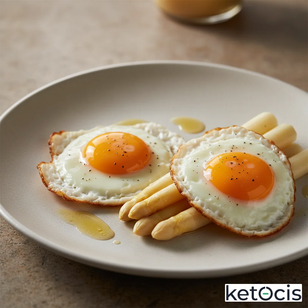 Huevos fritos en aceite de coco virgen con espárragos blancos tiernos