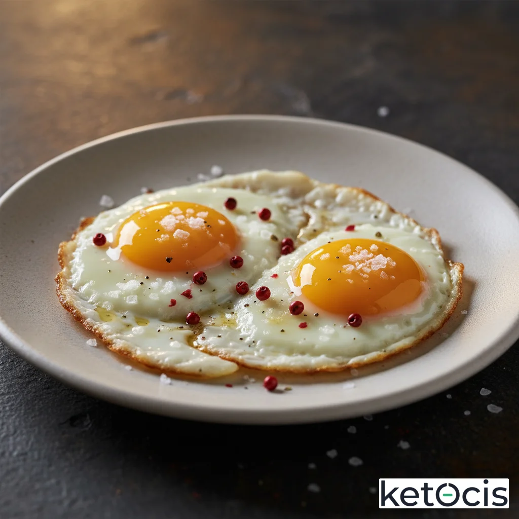 Huevos fritos en ghee con sal de escamas y pimienta rosa