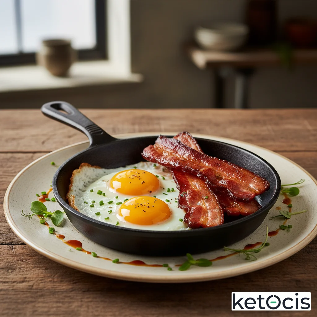 Huevos fritos en sartén de hierro con lonchas de tocino ahumado grueso