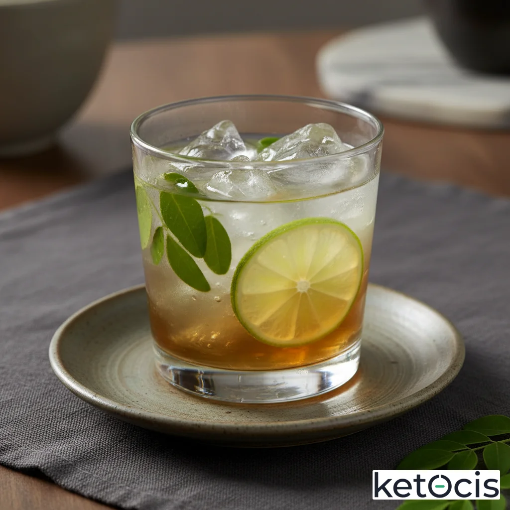 Infusión de hojas de moringa con rodajas de lima servida fría con hielo
