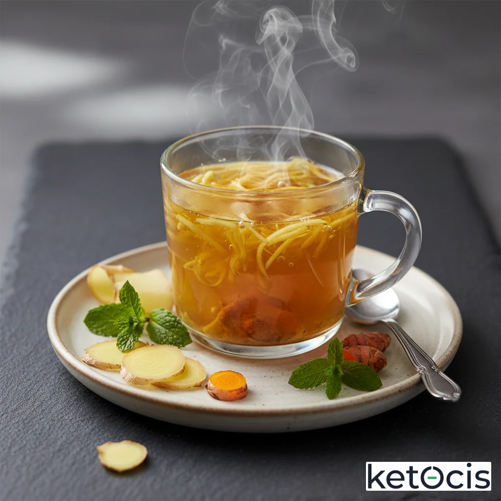 Infusión de jengibre fresco rallado y cúrcuma servida muy caliente en taza