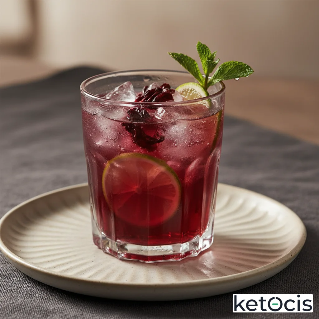 Infusión fría de flor de jamaica con mucho hielo sin calorías