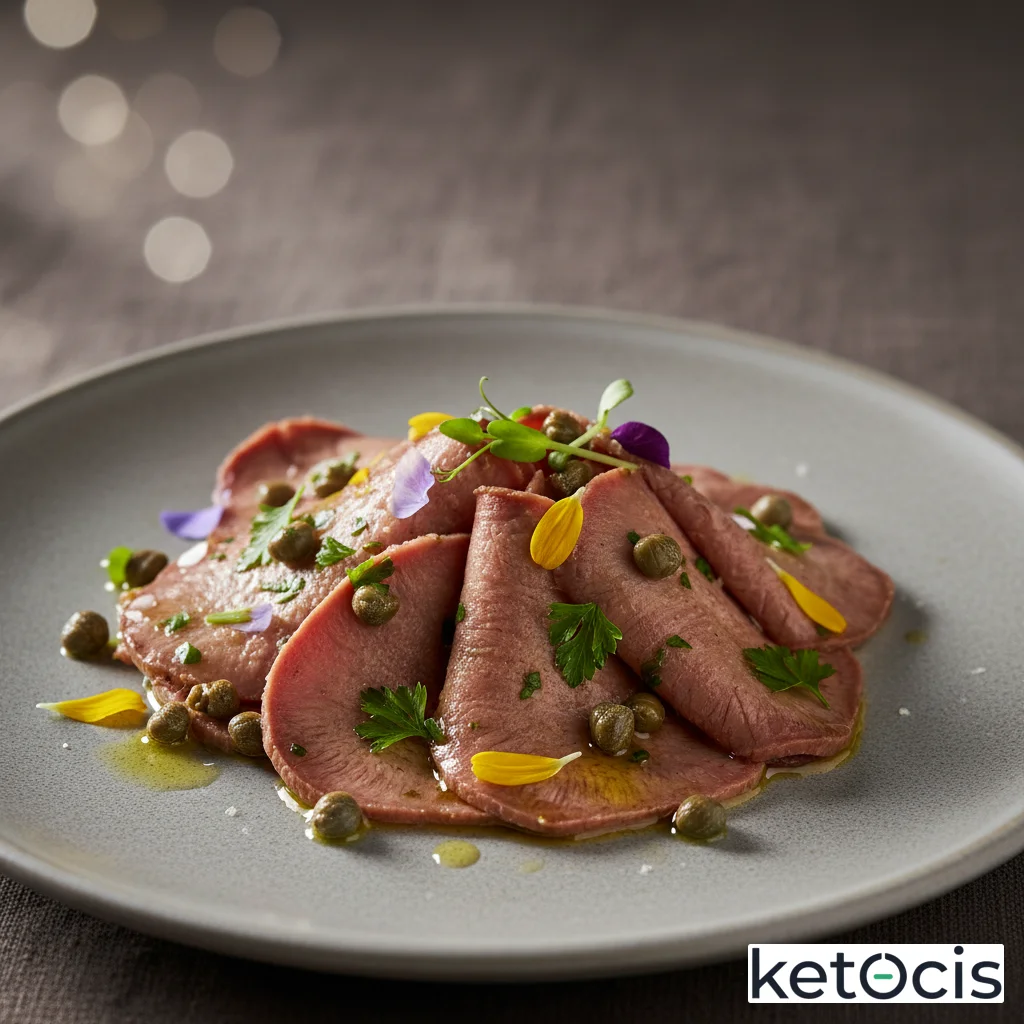 Lengua de ternera curada y cortada fina aliñada con vinagreta de alcaparras