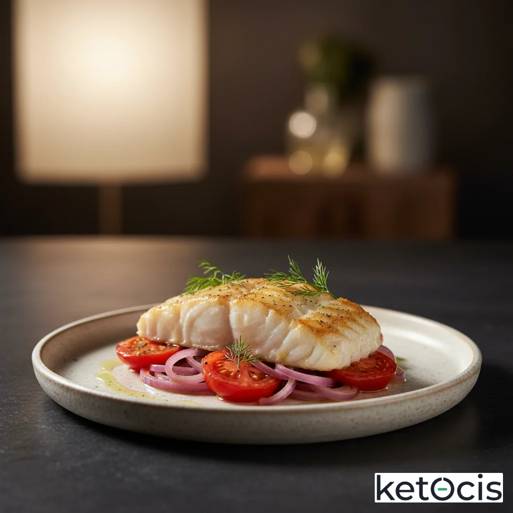 Lomo de bacalao fresco al horno con cama de cebolla y tomate en rodajas finas
