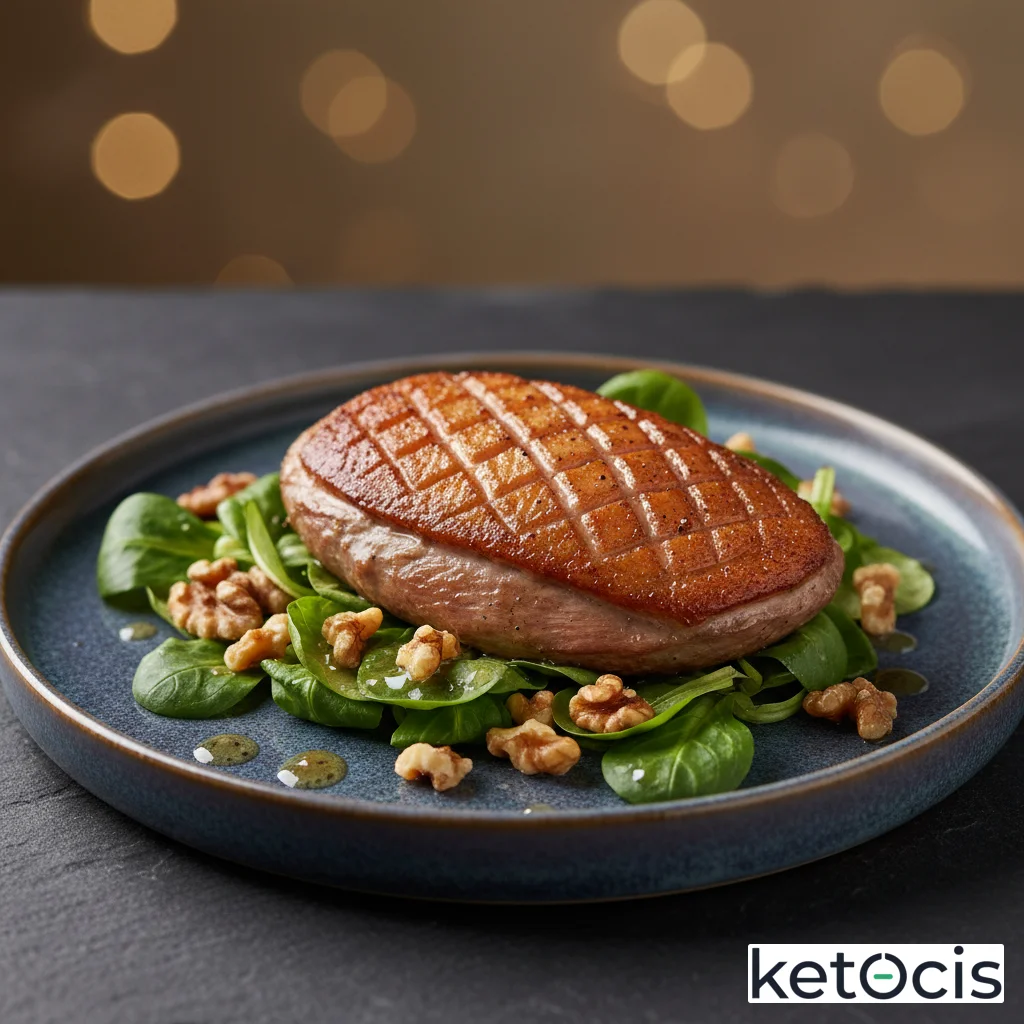 Magret de pato a la plancha con ensalada de canónigos y nueces