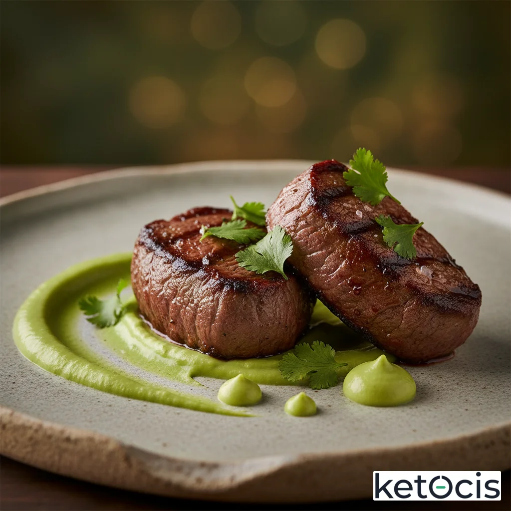 Medallones de res a la parrilla con emulsión de aguacate y cilantro fresco