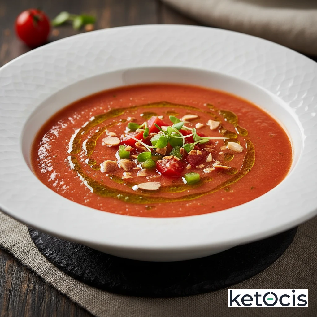 Sopa de tomate natural triturado en frío tipo gazpacho keto