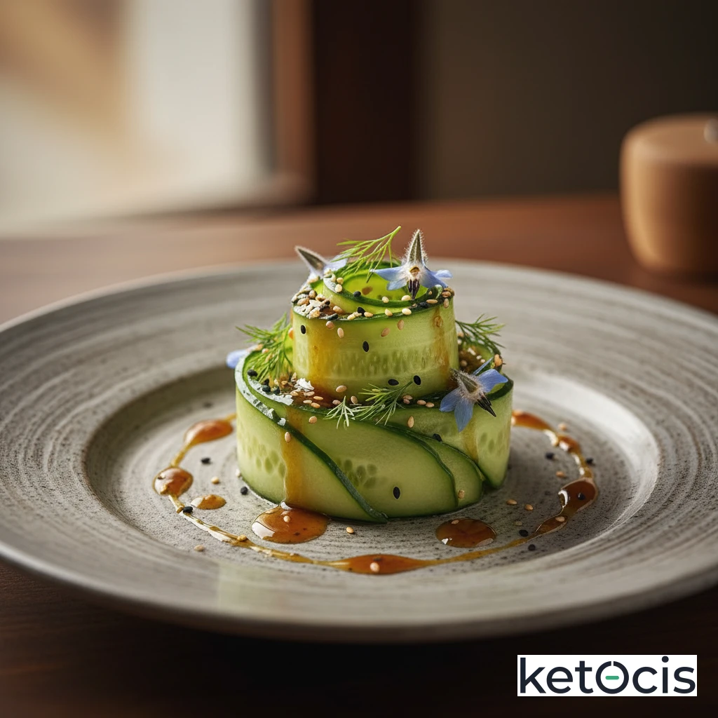 Ensalada de pepino espiralizado con vinagreta de arroz y sésamo