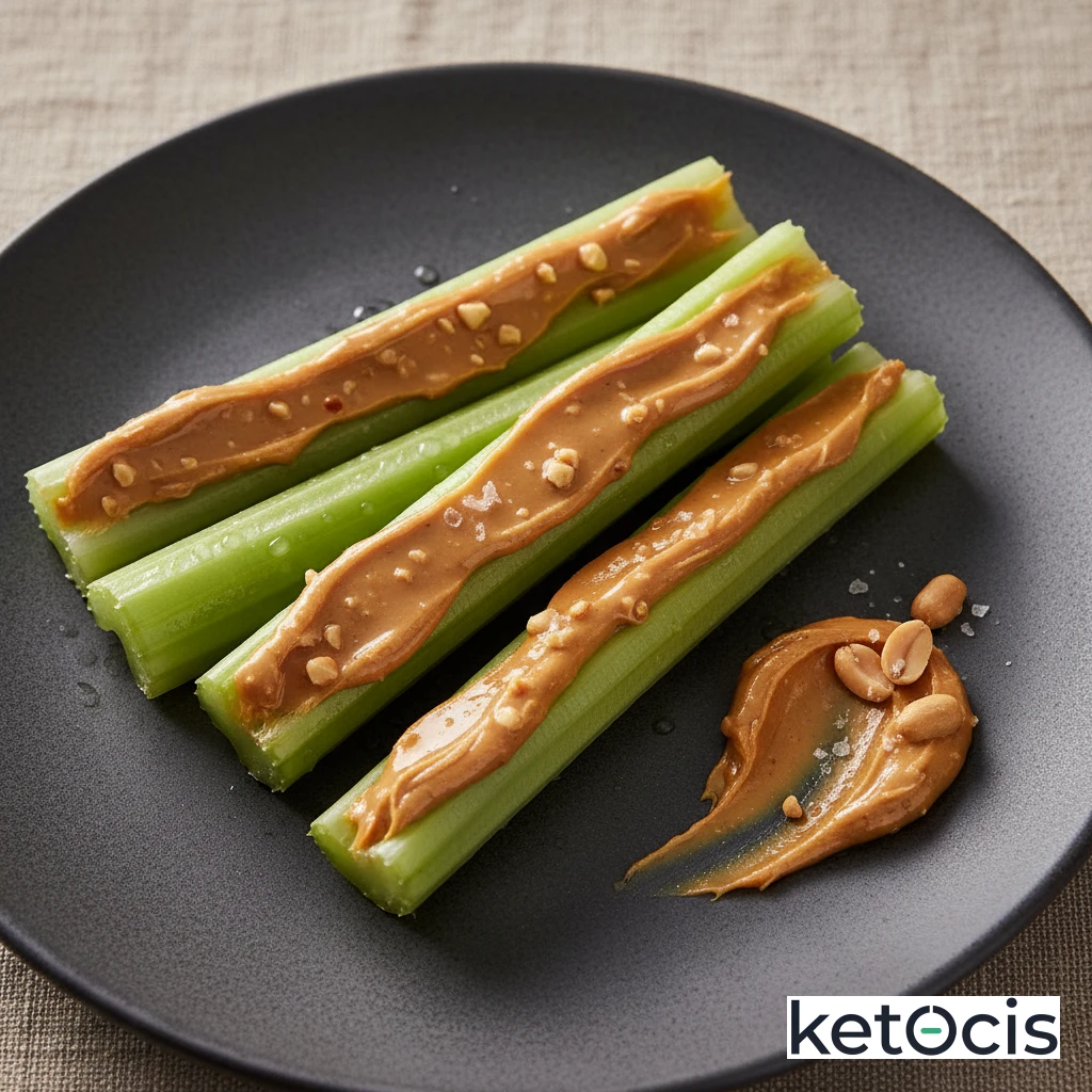 Palitos de apio fresco con crema de cacahuete natural sin azúcar
