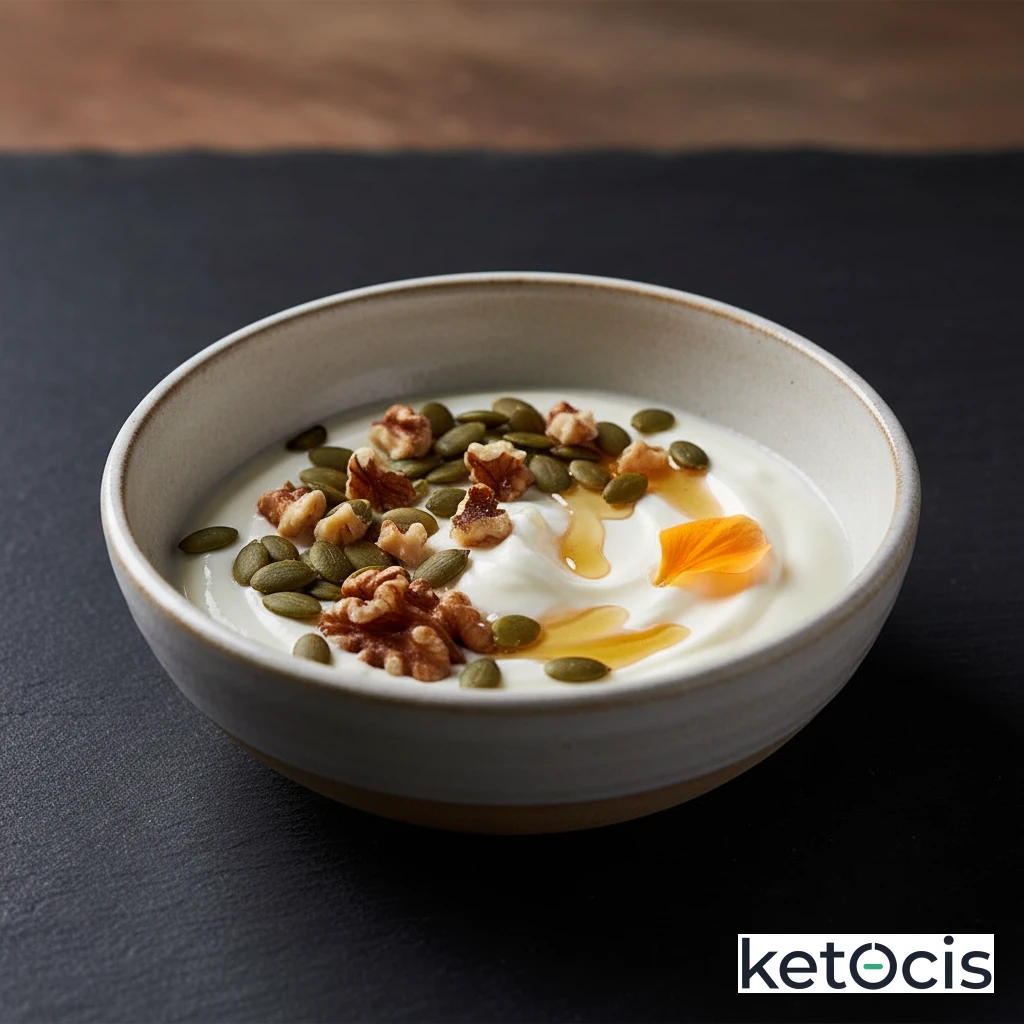 Tazón de yogur griego natural con nueces picadas y semillas de calabaza