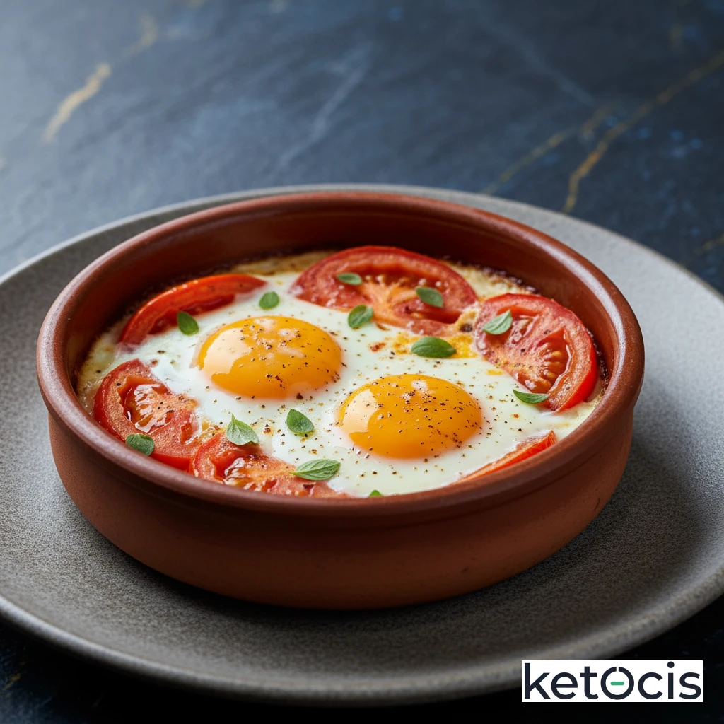 Huevos al horno en cazuela de barro con rodajas de tomate y orégano