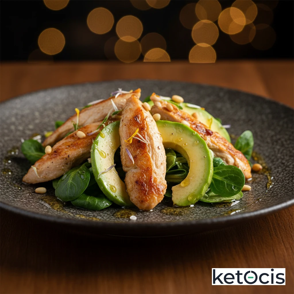 Ensalada templada de pollo deshebrado con aguacate y canónigos