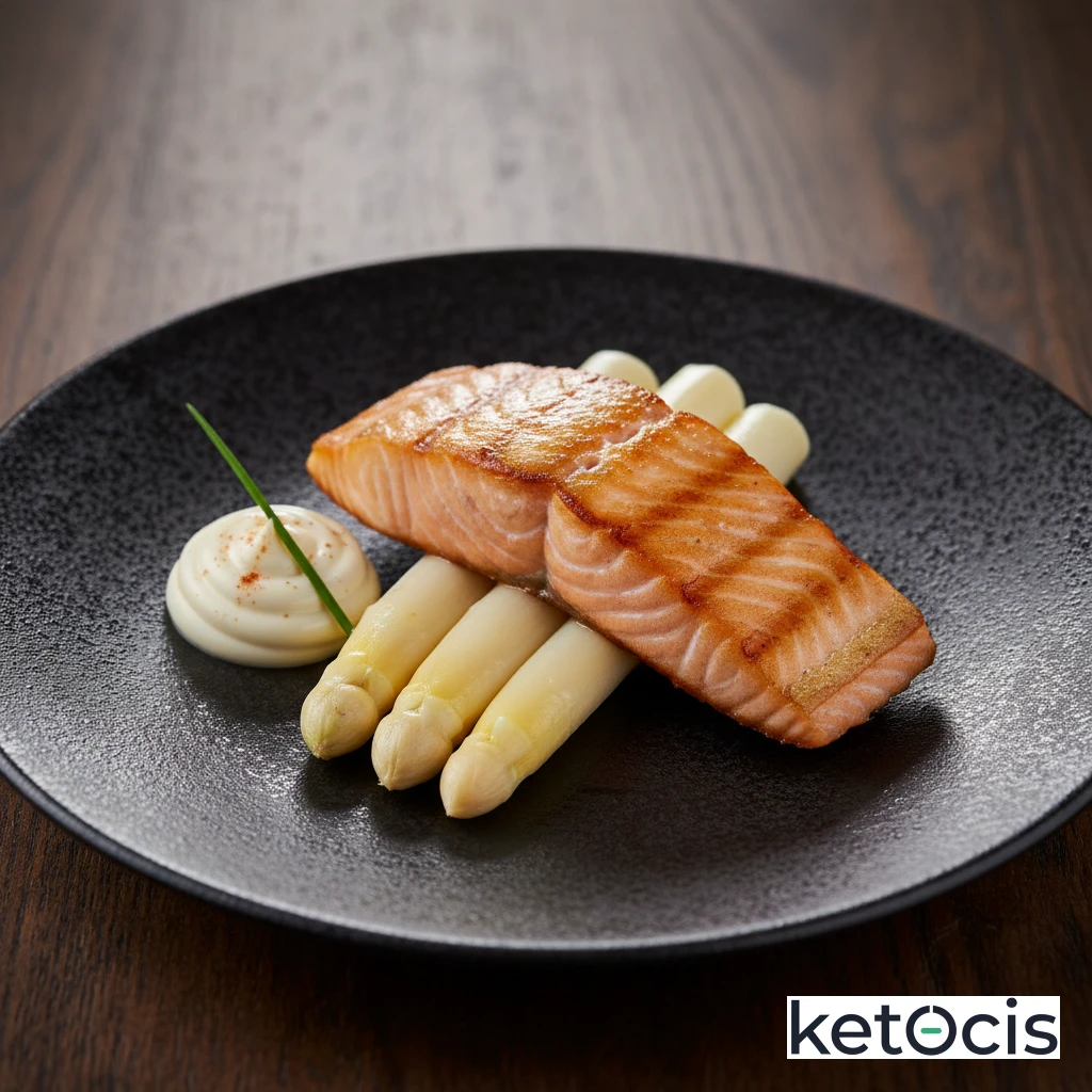 Salmón salvaje a la plancha con espárragos blancos y mayonesa casera