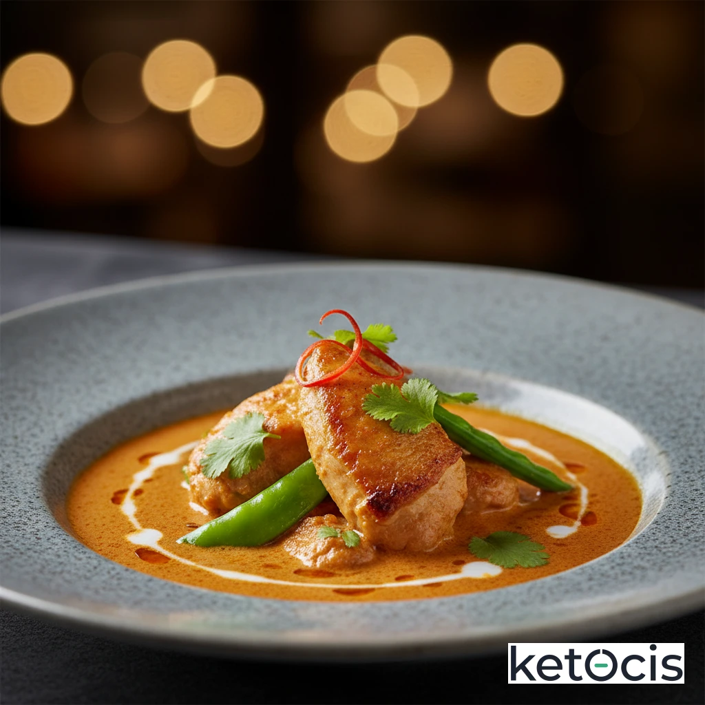 Pollo al curry rojo suave con leche de coco y tirabeques