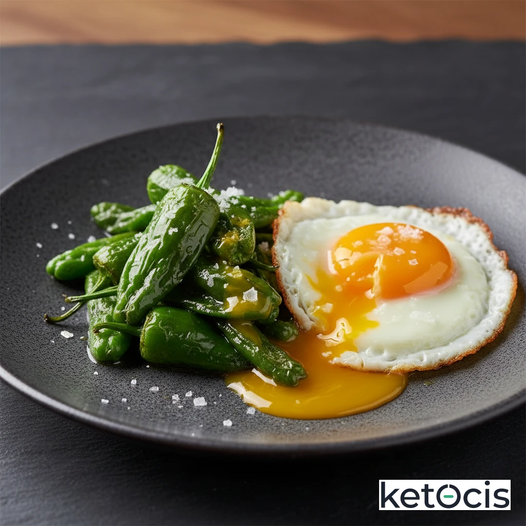 Pimientos de padrón salteados con sal gruesa y huevos rotos