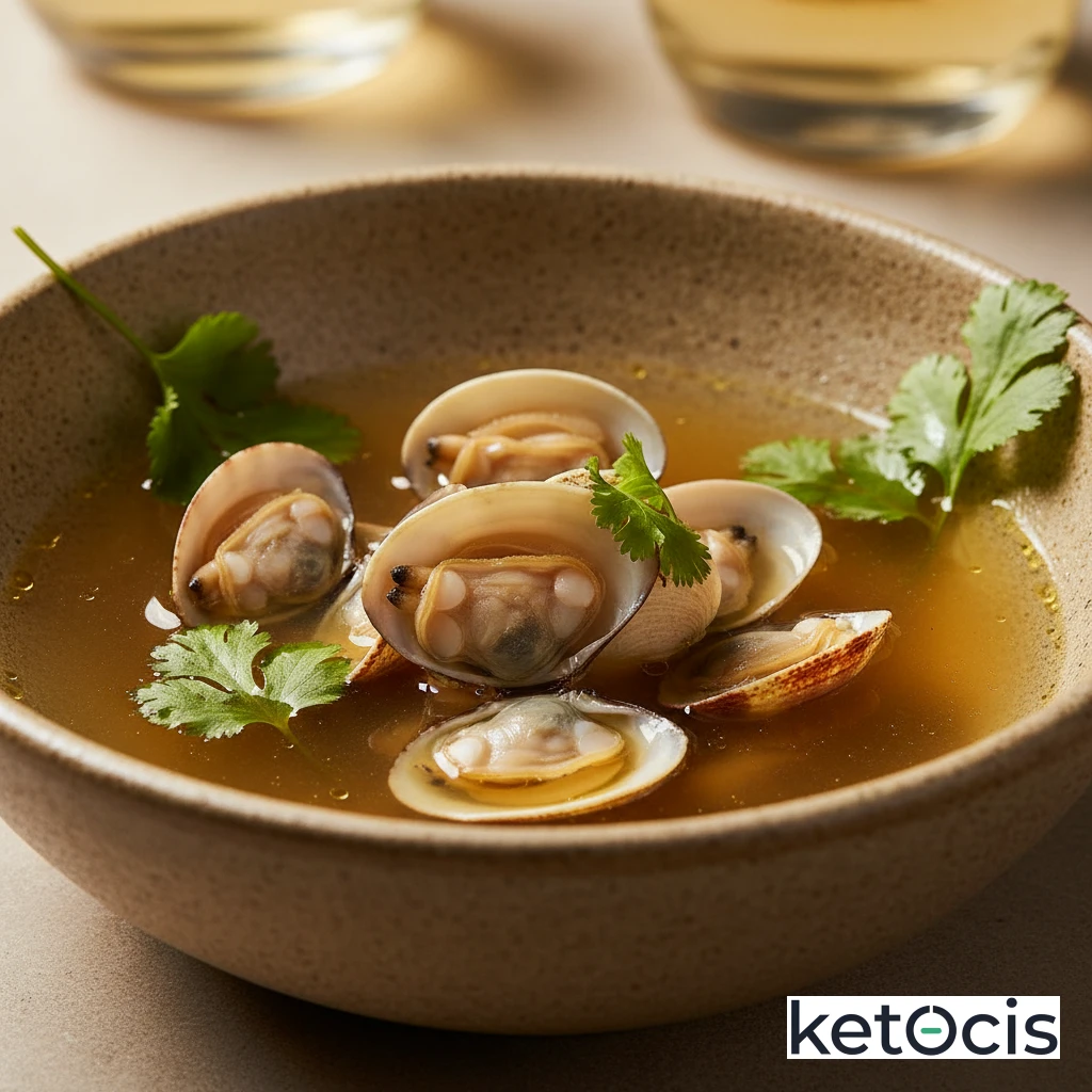 Caldo claro de pescado con almejas y hojas de cilantro fresco