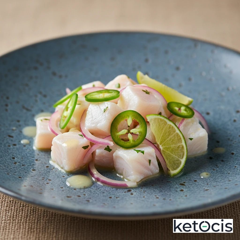 Ceviche de corvina con chile jalapeño cebolla morada y lima