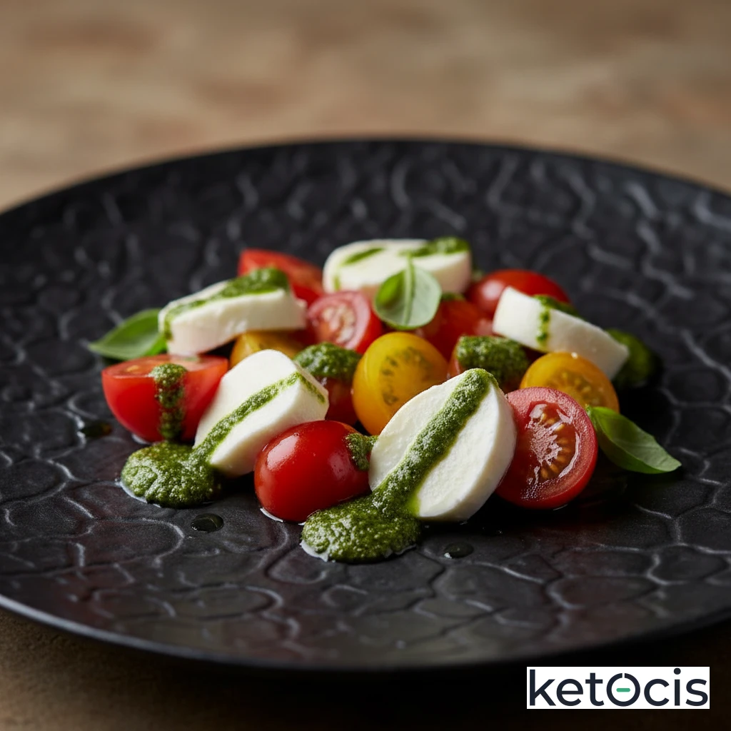 Ensalada caprese con tomates cherry mozzarella de búfala y pesto