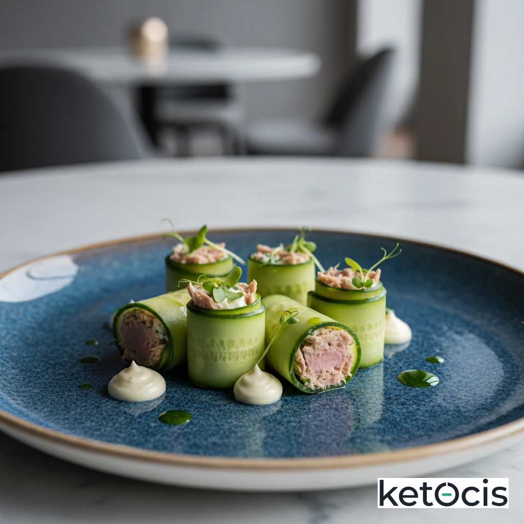 Rollos de pepino cortado muy fino rellenos de atún y mayonesa