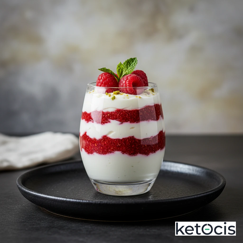 Copa de yogur natural con capas de puré de frambuesa keto