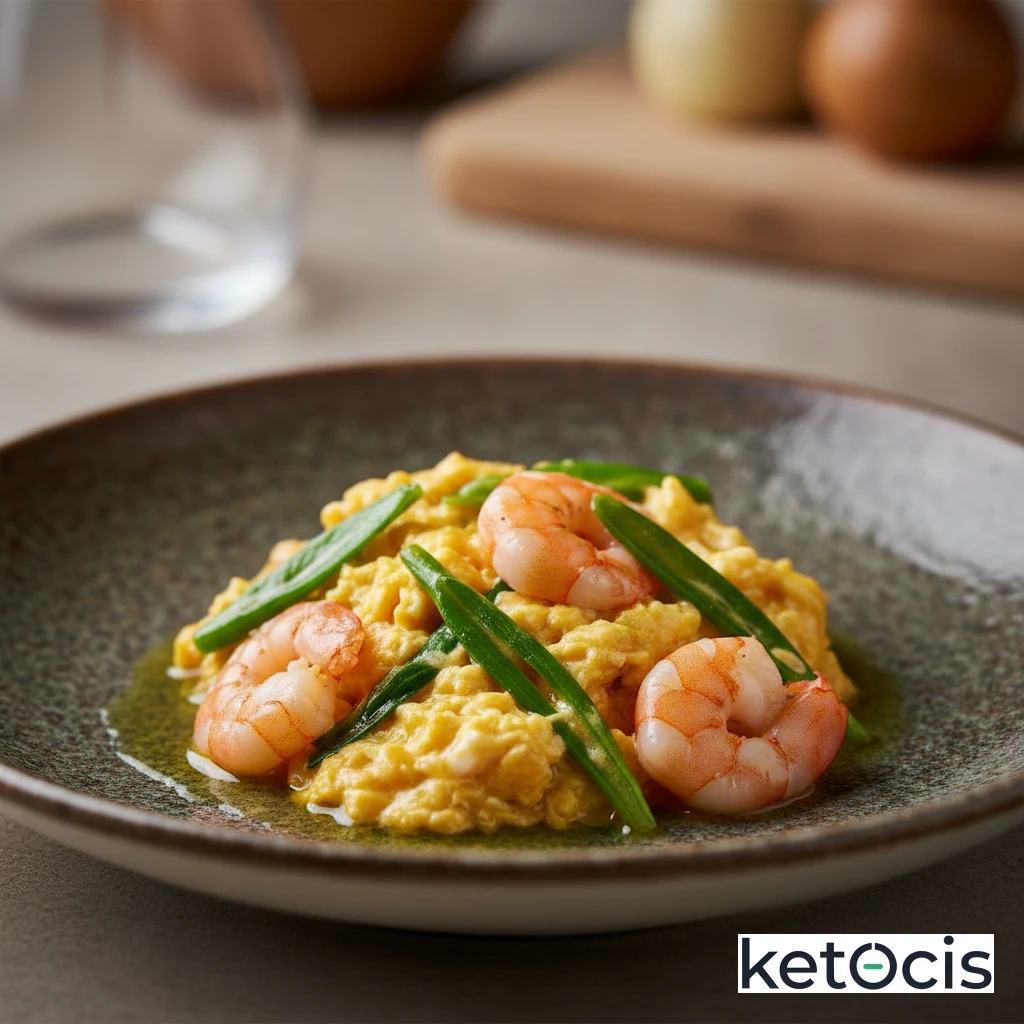 Revuelto de huevos de corral con ajetes tiernos y gambas