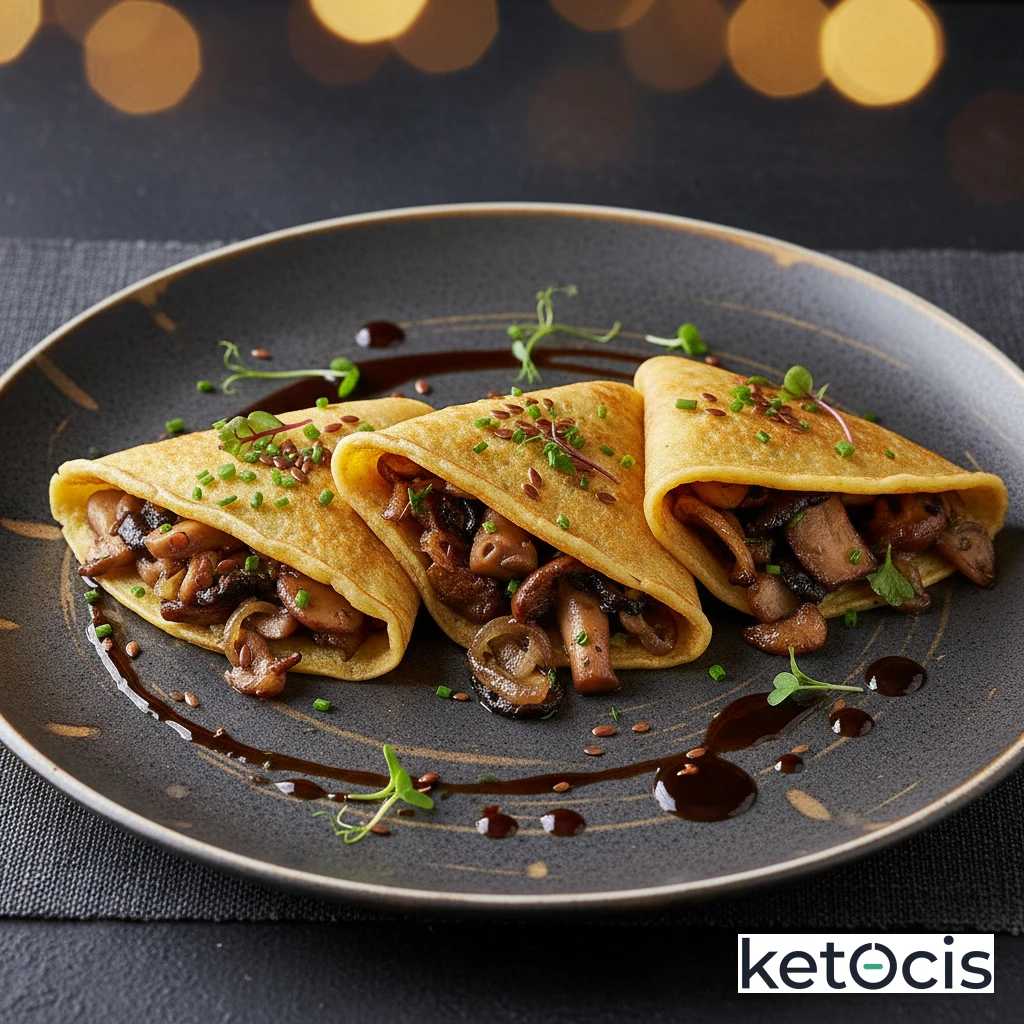 Crepas de harina de lino dorado rellenas de champiñones salteados