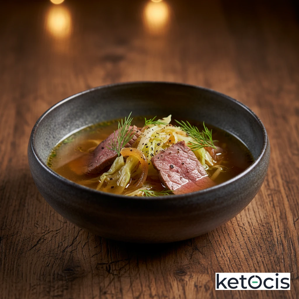 Sopa de repollo picado y carne de ternera en caldo claro