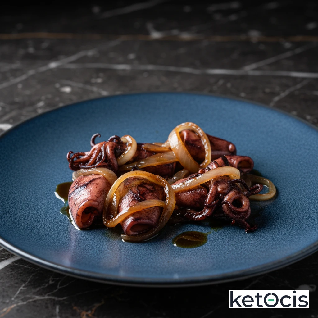 Calamares encebollados cocinados a fuego lento en su propio jugo