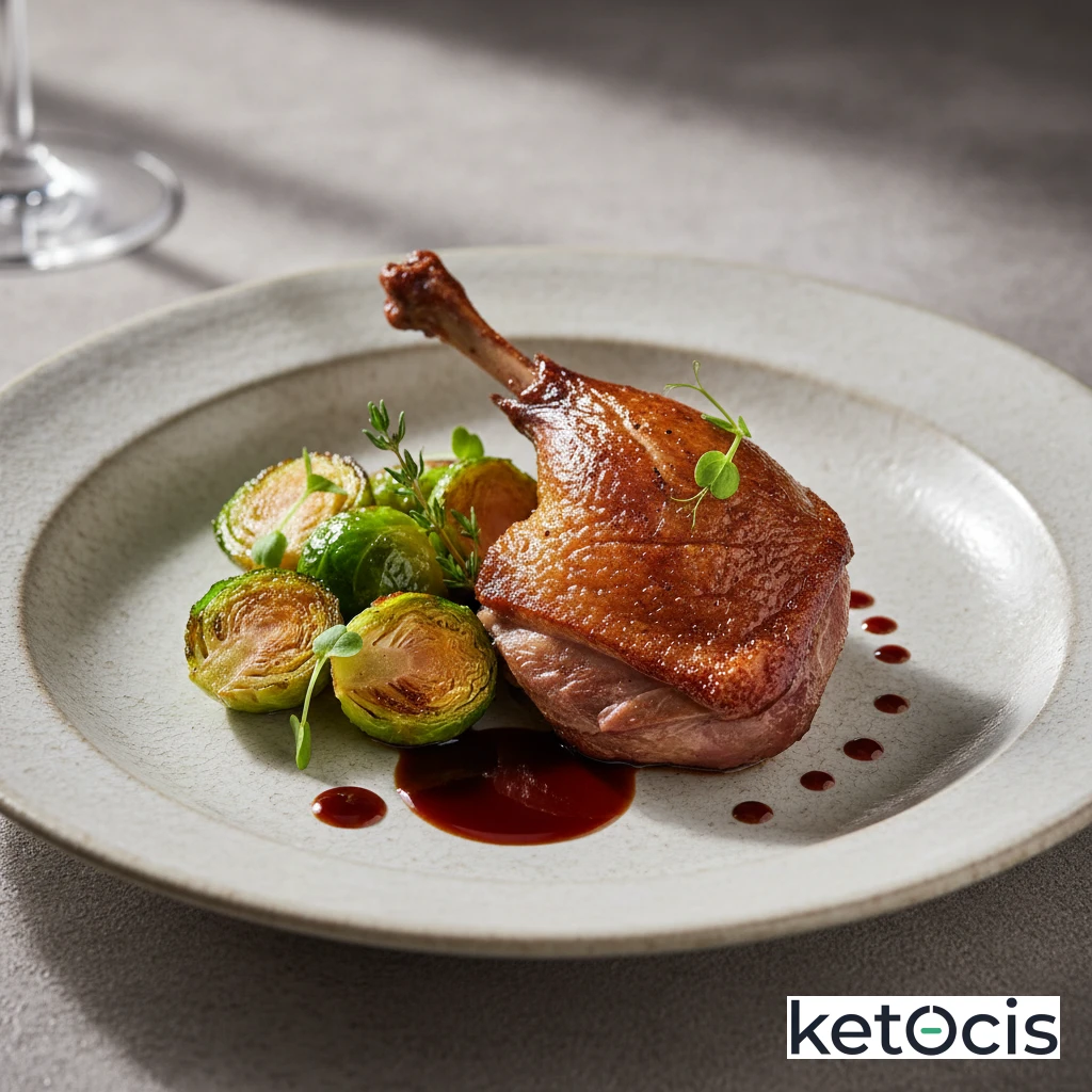 Pato asado crujiente con guarnición de coles de bruselas