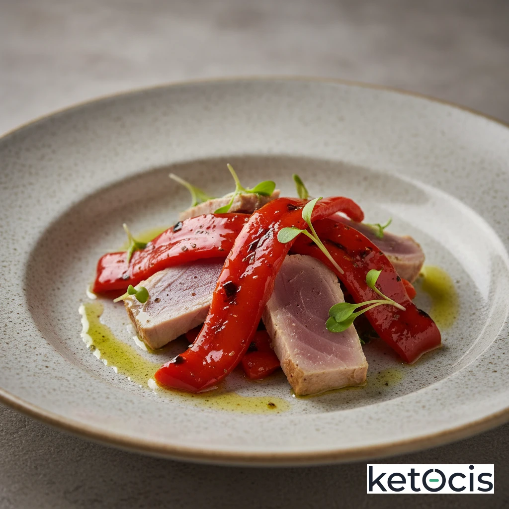 Ensalada de ventresca de bonito con pimientos asados en tiras
