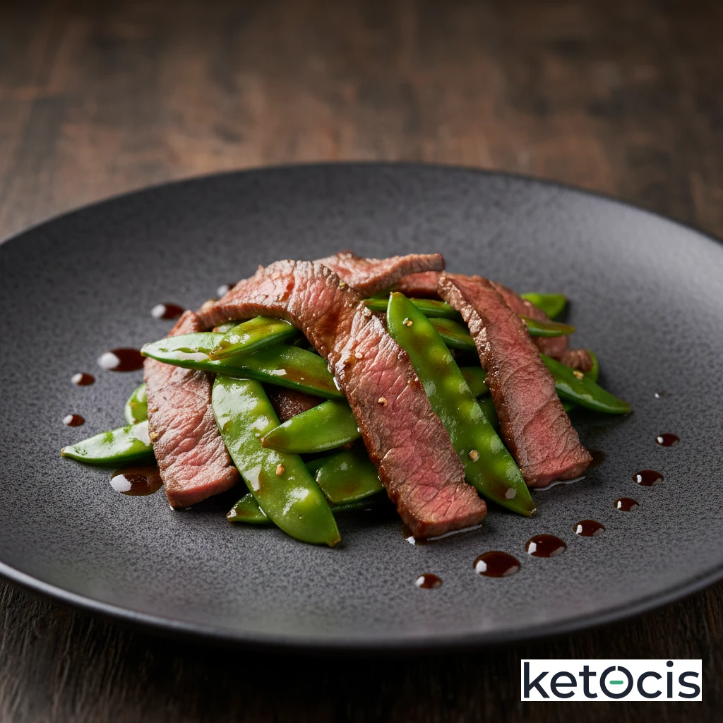Salteado de tirabeques tiernos con ternera en tiras y salsa tamari