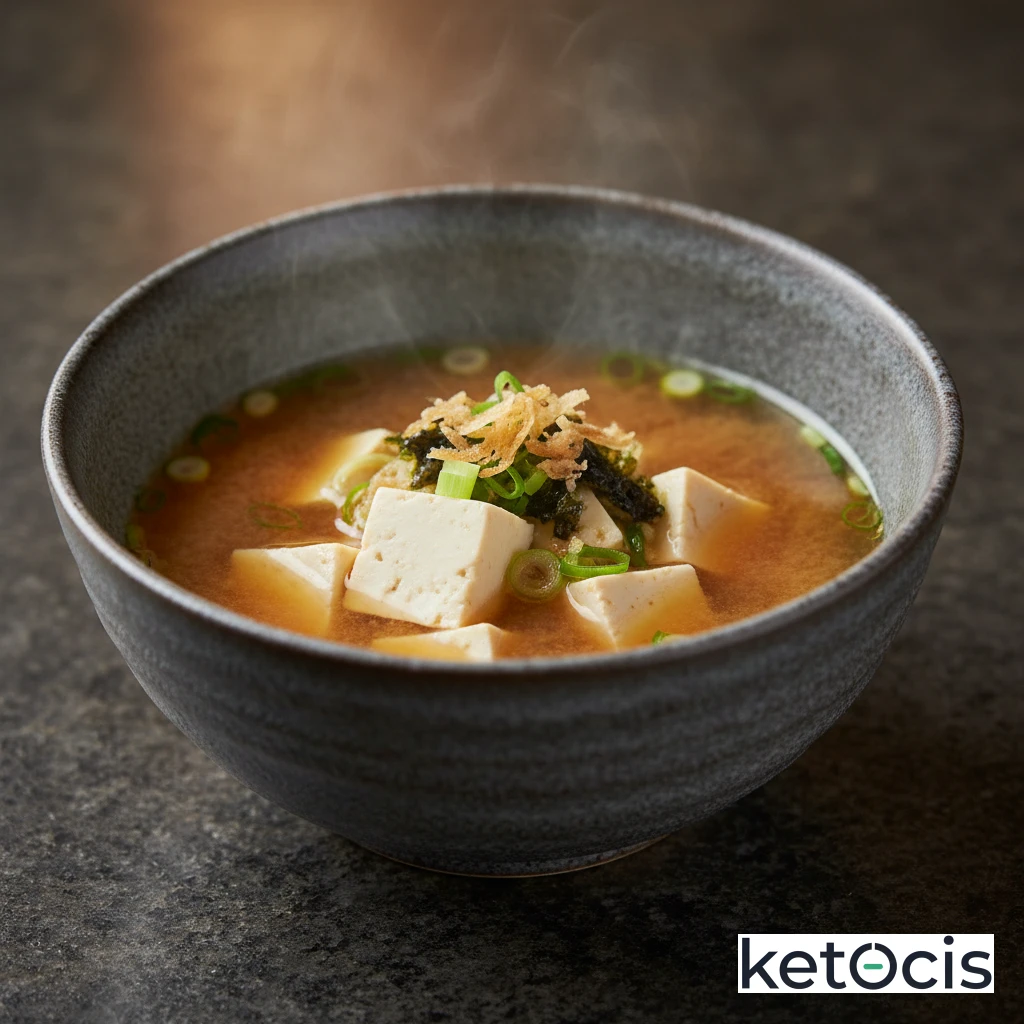 Sopa de miso caliente con dados de tofu sedoso natural
