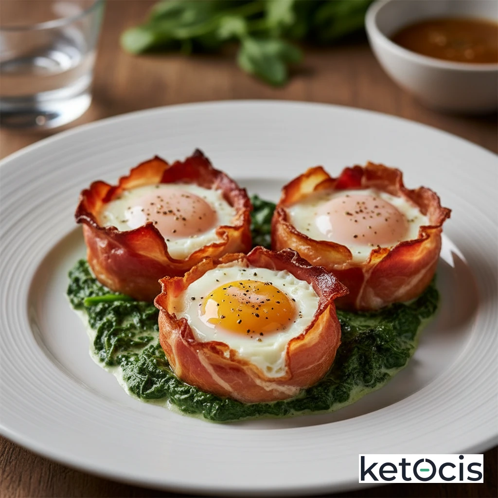 Huevos horneados en nidos de prosciutto con espinacas a la crema