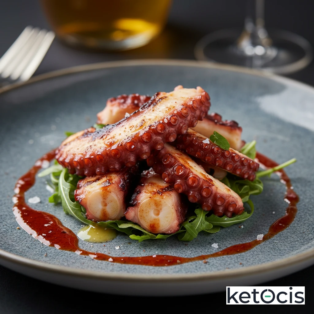 Ensalada de pulpo a la brasa con aceite de pimentón y rúcula