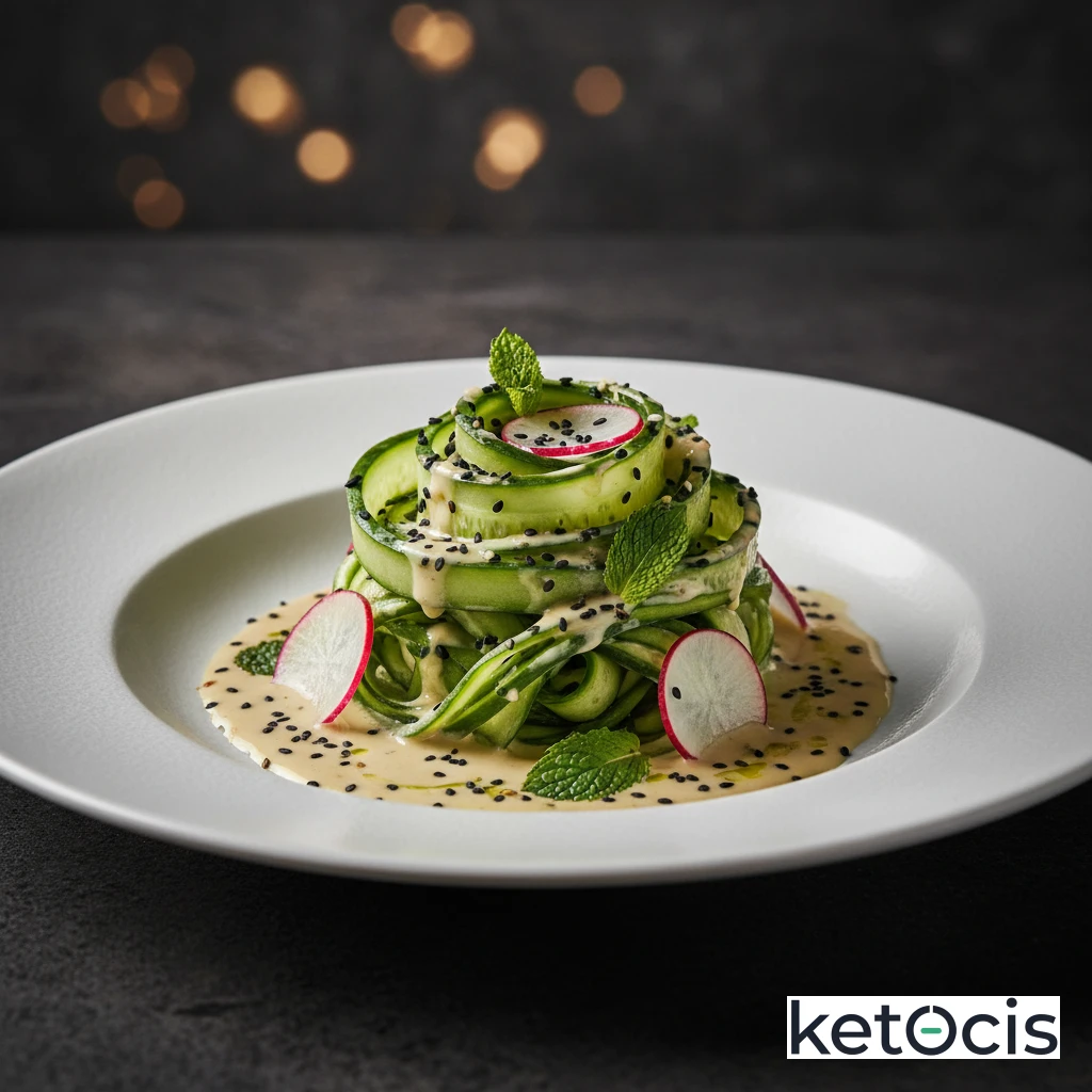 Ensalada de pepino espiralizado con aderezo de tahini y limón